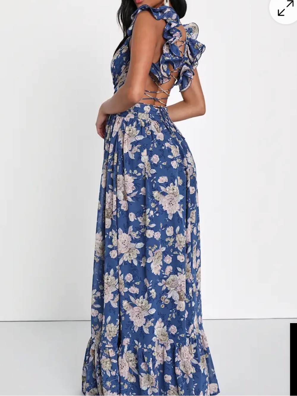 Lulu's - NWOT Soiree Celebration Blue Floral Ruffled Lace-Up Maxi Dress-Small